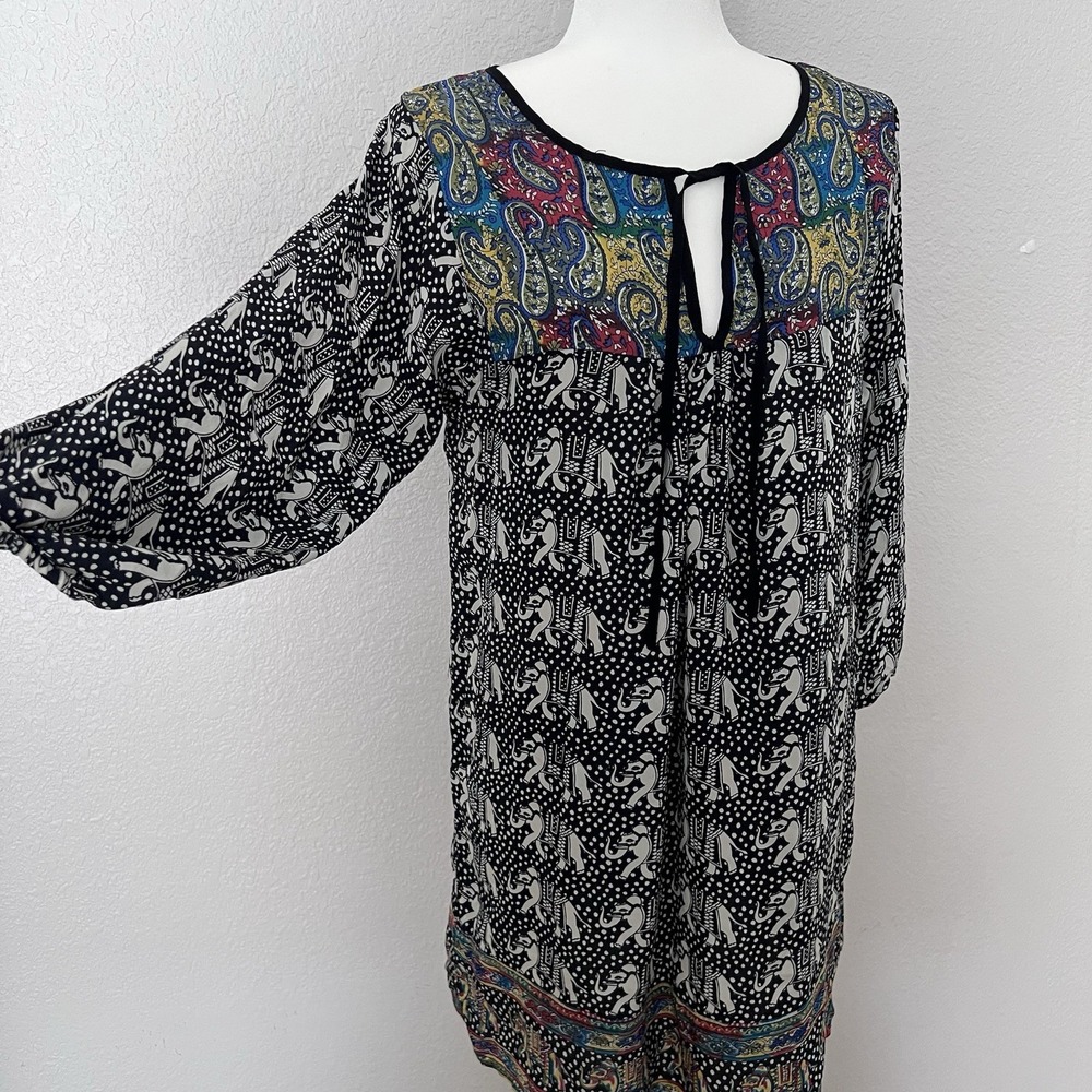Tolani 100% Silk Tunic Mini Dress Small Black White Elephant Paisley Boho Tie